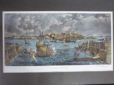 An antique signed framed and glazed hand coloured engraving of Valletta Harbour in Malta. Signed