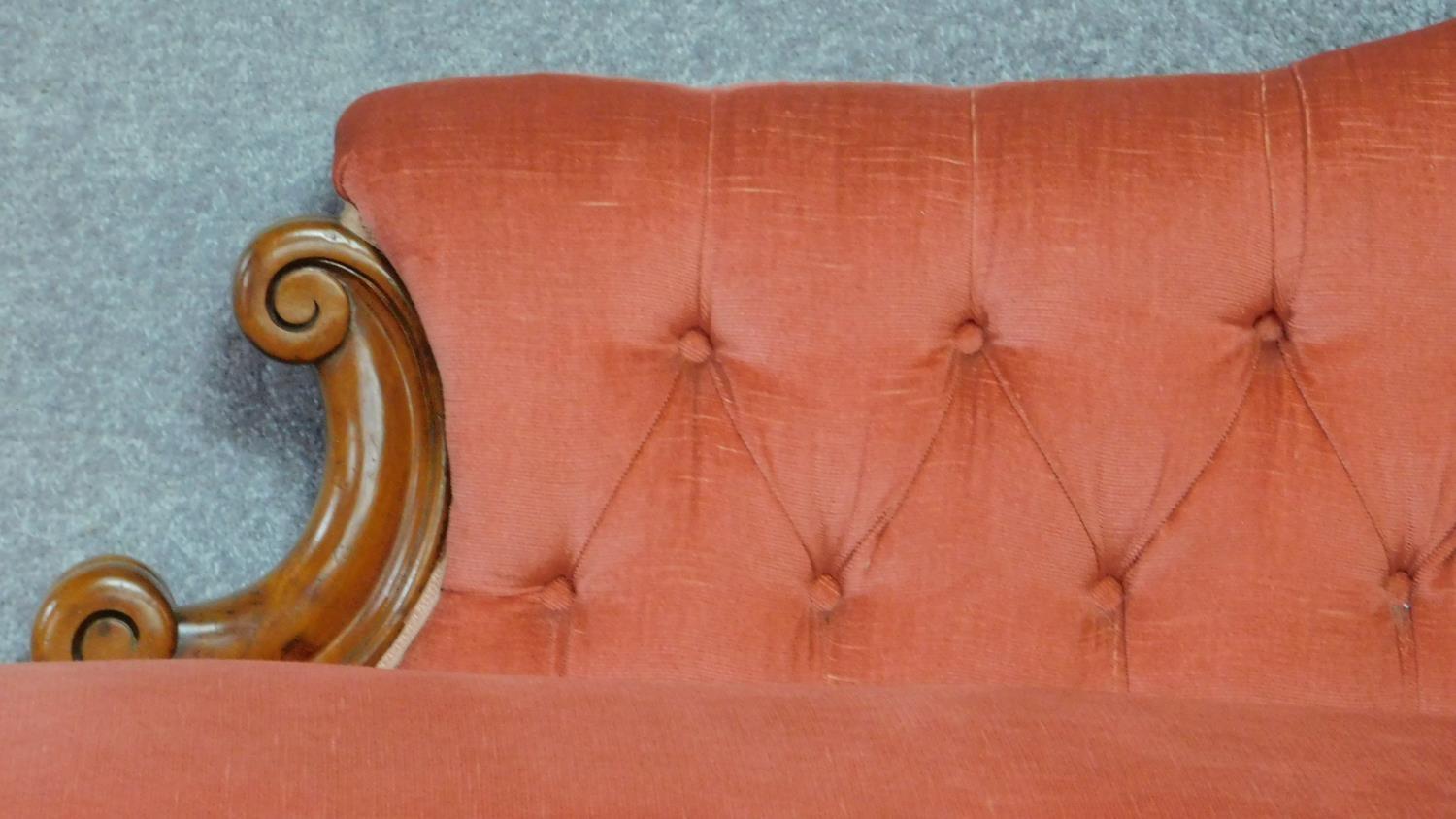 A Victorian carved mahogany framed chaise longue in deep buttoned blush velour upholstery raised - Image 3 of 4