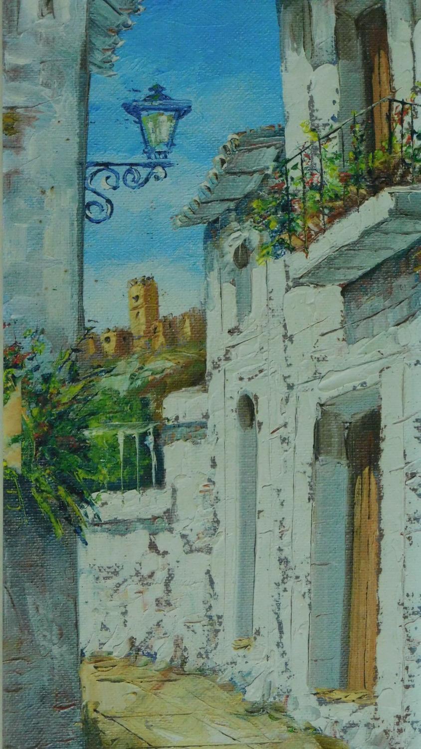 A pair of vintage Continental style framed oils on board, beach town, signed by Cole. 42x19cm - Image 2 of 4