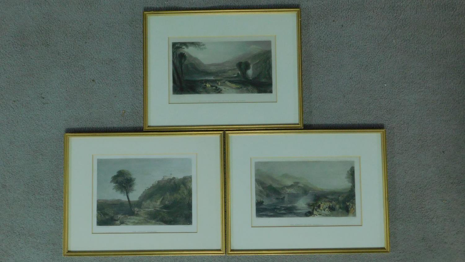 Three 19th century framed and glazed lithographs, hand coloured Turner landscapes. 32x42cm