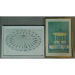 A framed and glazed lithograph, architectural design, indistinctly signed and a gilt framed similar,