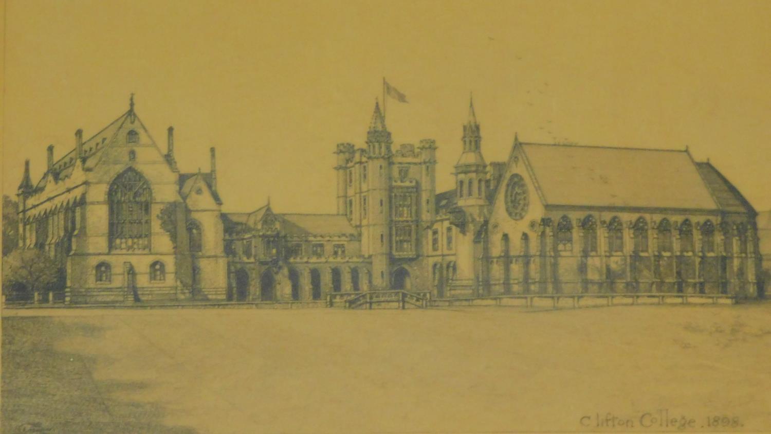 Two framed and glazed lithographs, both of Clifton College, 1898. Indistinctly signed 32x42cm - Image 2 of 6