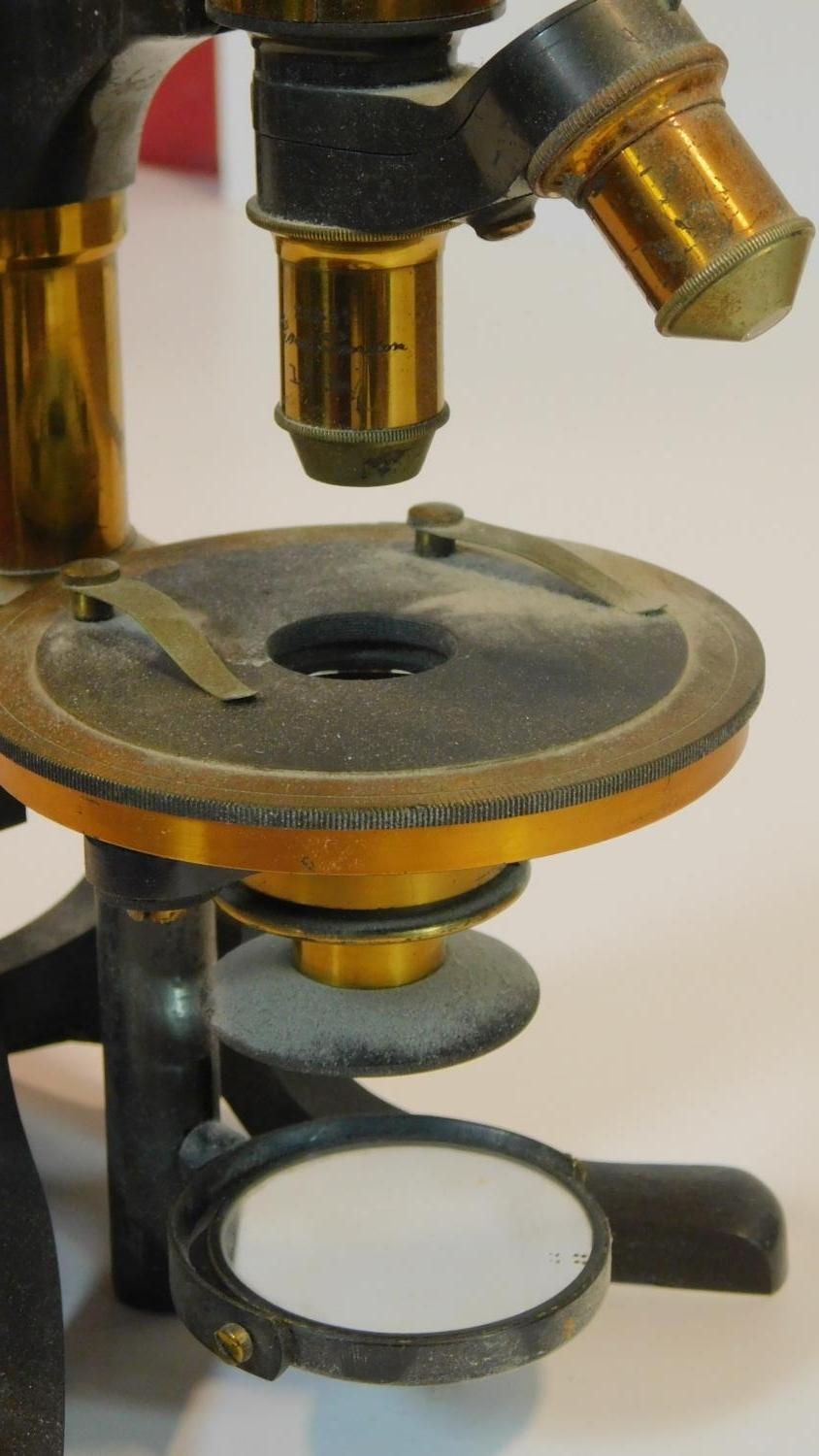 An Eclipse Ross of London lacquered brass microscope with Zeiss microscope eye piece. With three - Image 6 of 12