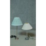 Two contemporary chrome pedestal table lamps with shades. H.52cm