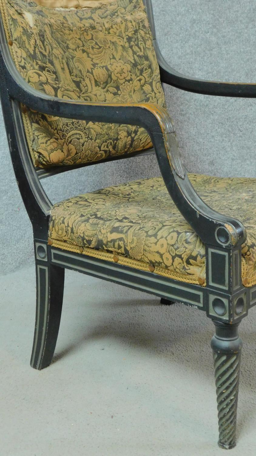 A Regency painted and ebonised open armchair on tapering spiral twist supports. H.80cm - Image 5 of 5