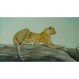 A framed acrylic on canvas, seated leopard, signed Gasoir 79. 58x47cm
