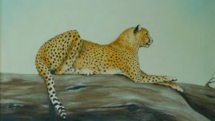 A framed acrylic on canvas, seated leopard, signed Gasoir 79. 58x47cm