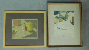 A framed and glazed watercolour "Supper" Edwin Plomer and a framed and glazed lithograph, teapot and