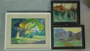 Three framed oils on canvas, cottage by a forest, a landscape and another of boats, one monogrammed.