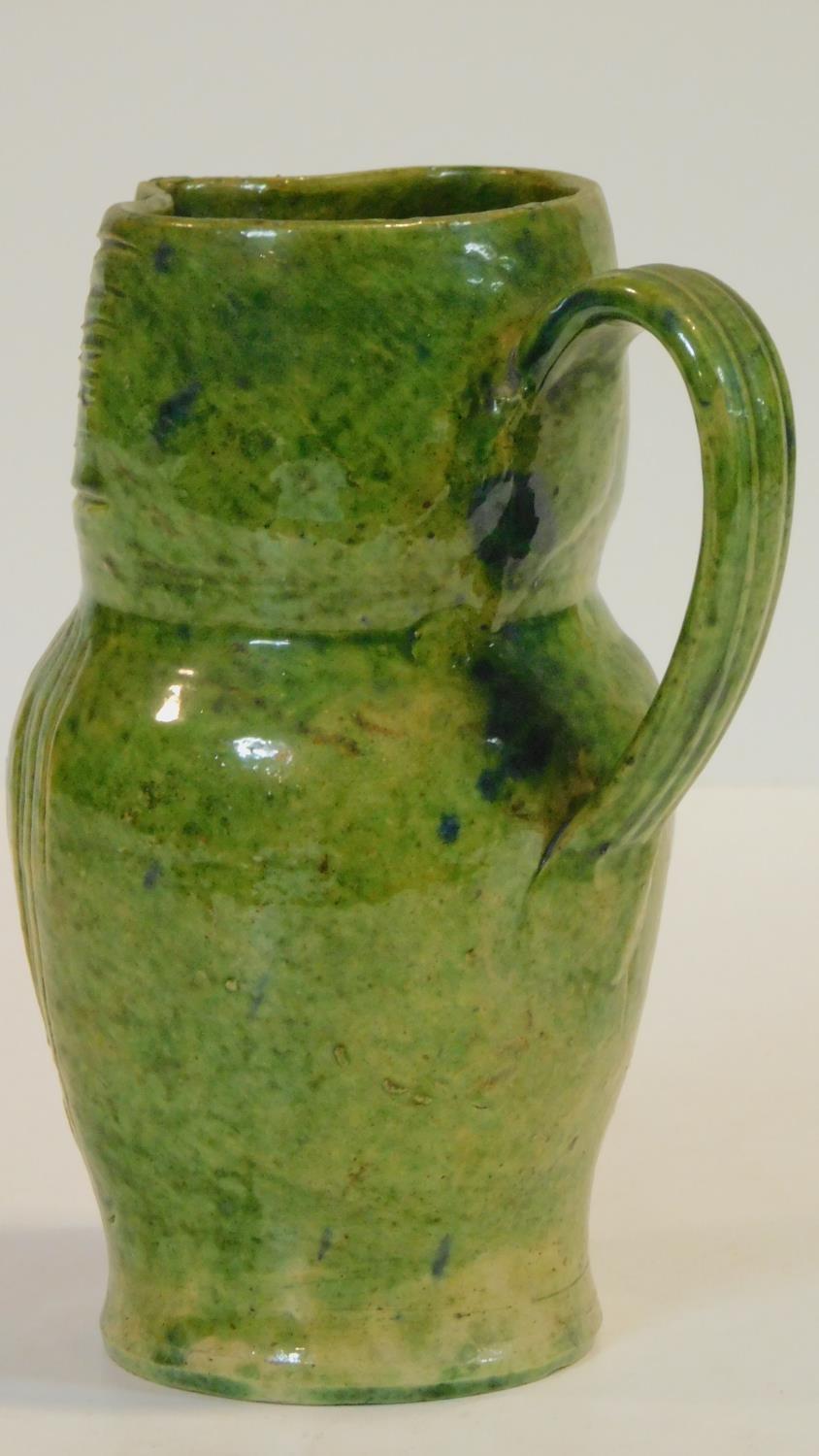 An antique Farnham Pottery type green glaze Harris Owl Jug. H.19cm - Image 3 of 6