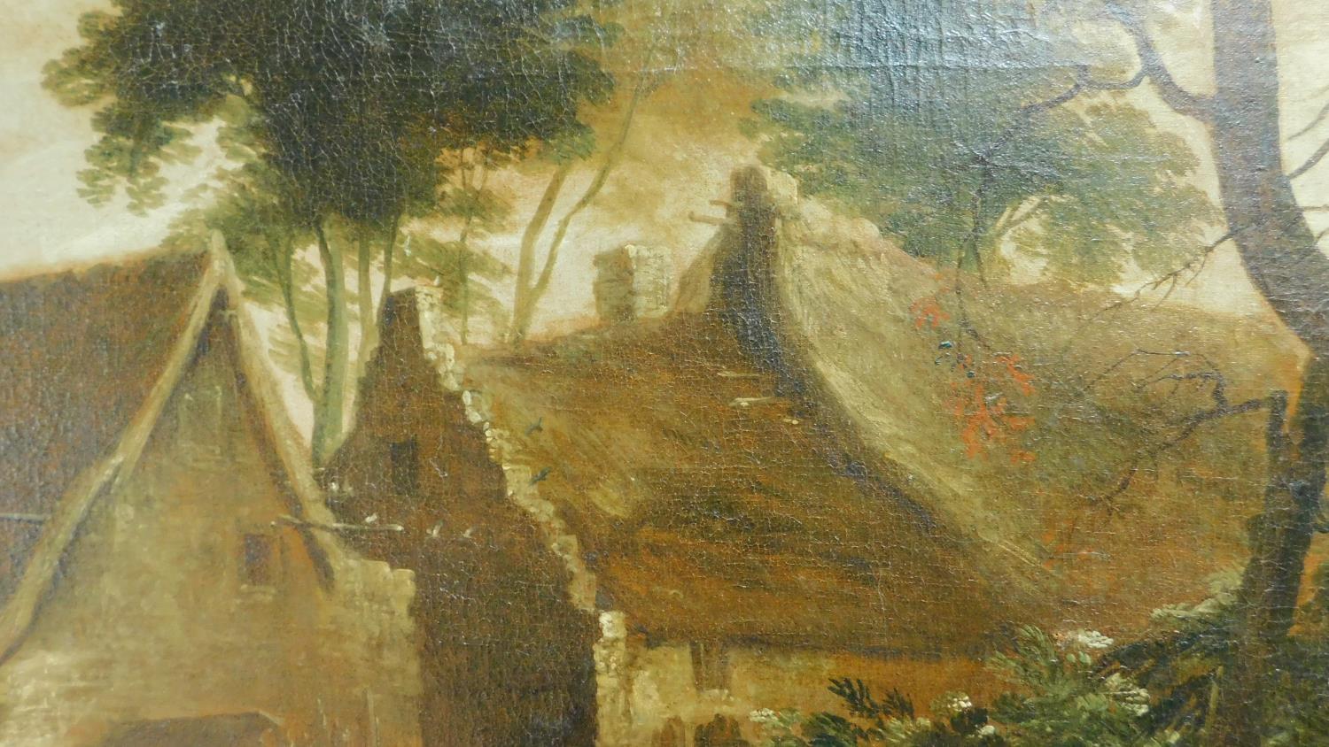 A large 19th century unframed oil on canvas, figures in a village setting, unsigned. 71x64cm - Image 6 of 7