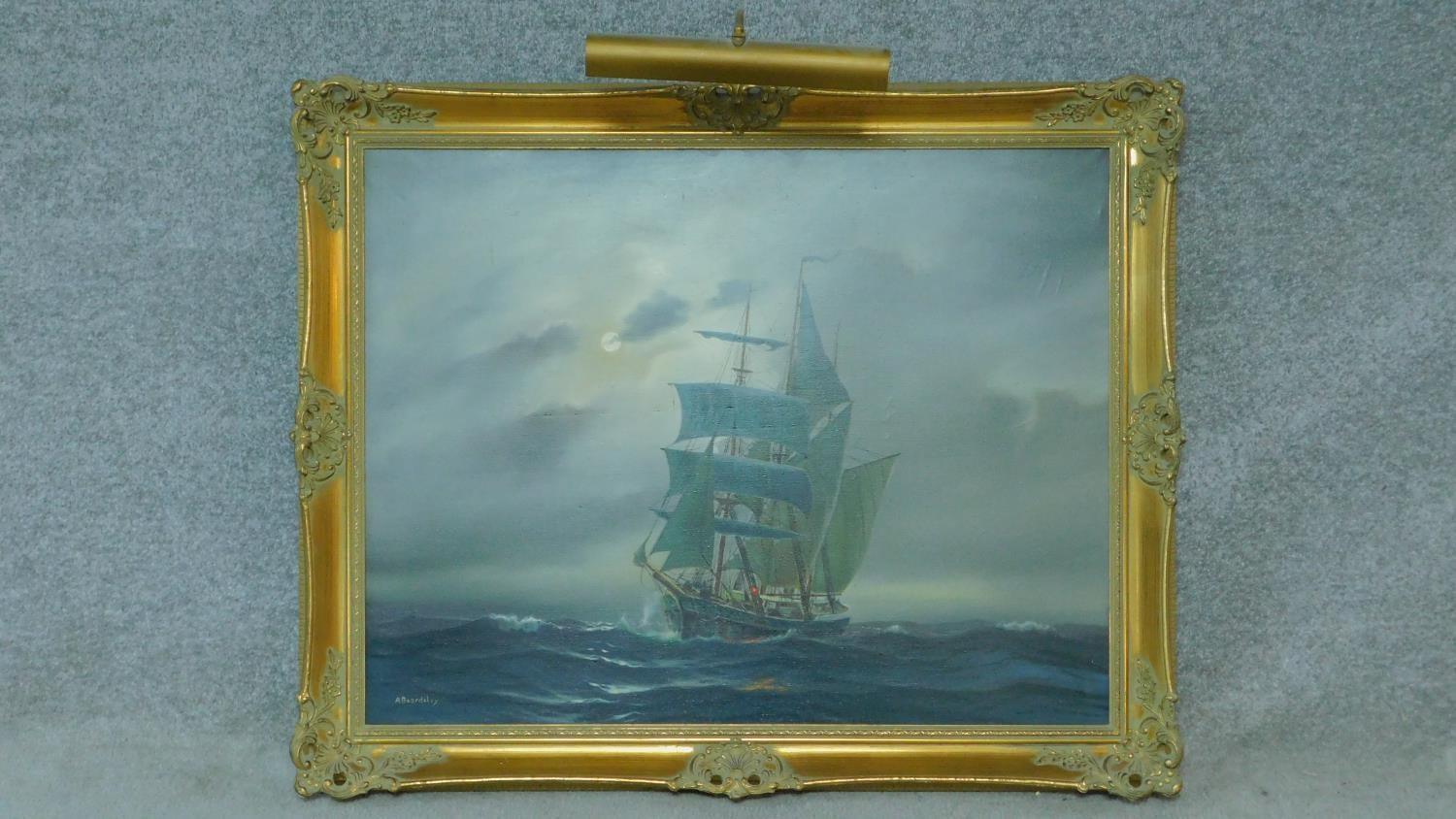 A large mid century gilt framed oil on canvas, galleon at sea, signed A Beardsley. 106x86cm - Image 2 of 9