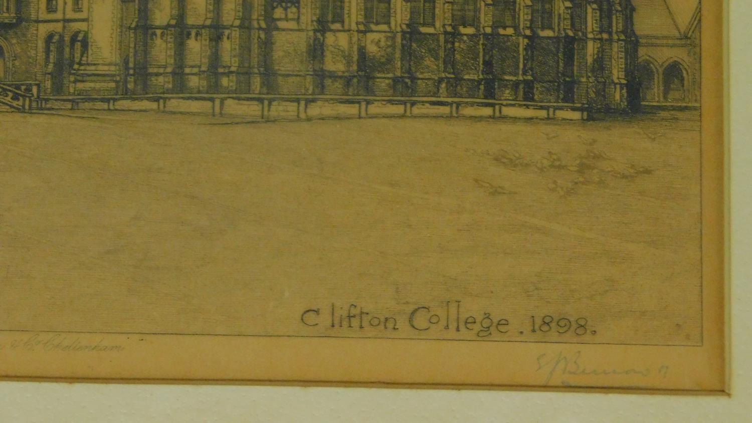 Two framed and glazed lithographs, both of Clifton College, 1898. Indistinctly signed 32x42cm - Image 3 of 6