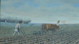 A framed oil on canvas, ox pulling a plough, signed. 56x56cm