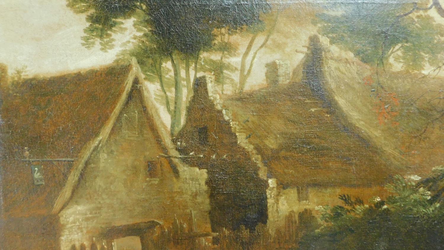 A large 19th century unframed oil on canvas, figures in a village setting, unsigned. 71x64cm - Image 7 of 7