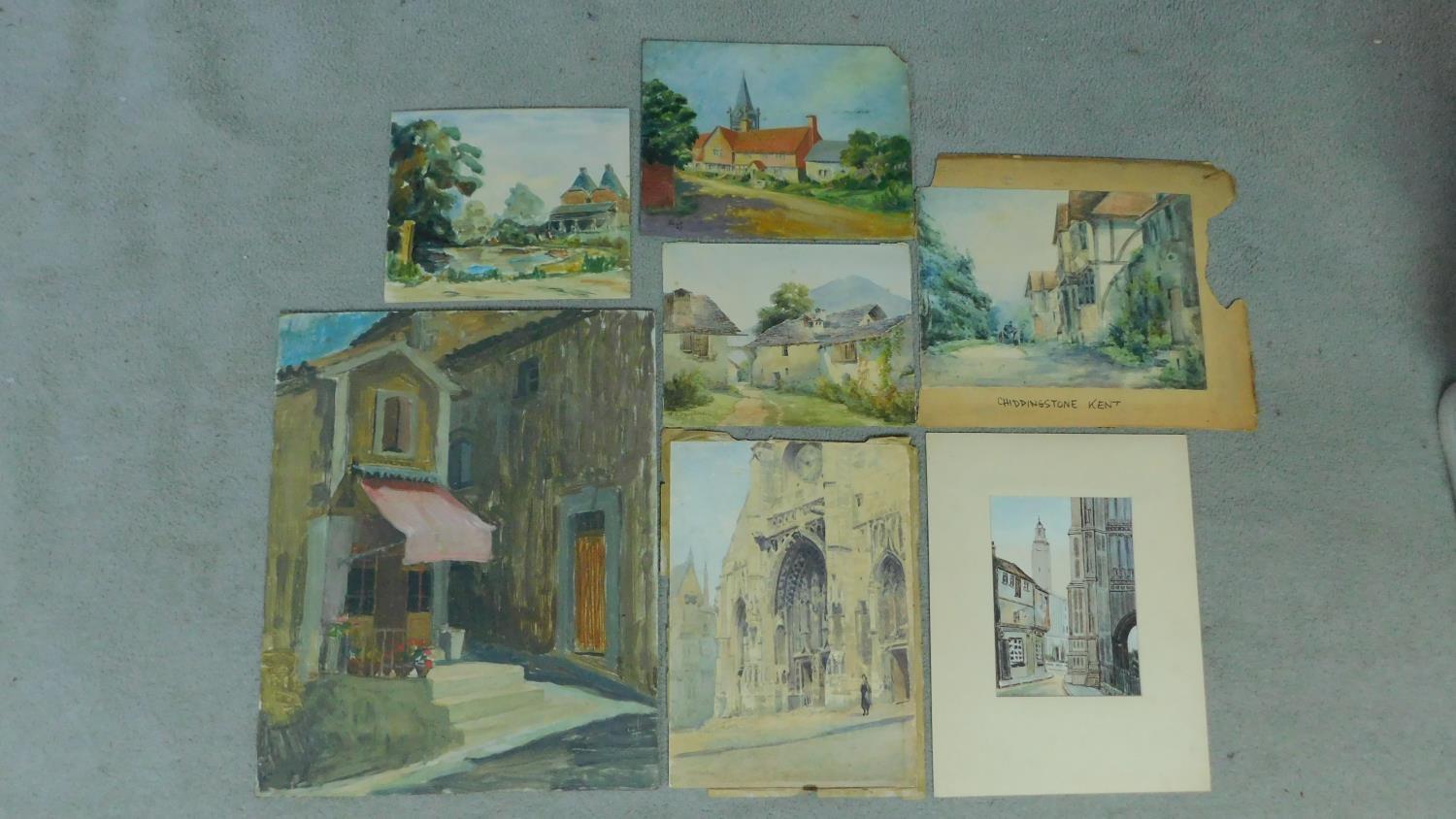 Two unframed oils on board and five unframed watercolours, various signatures, of architectural