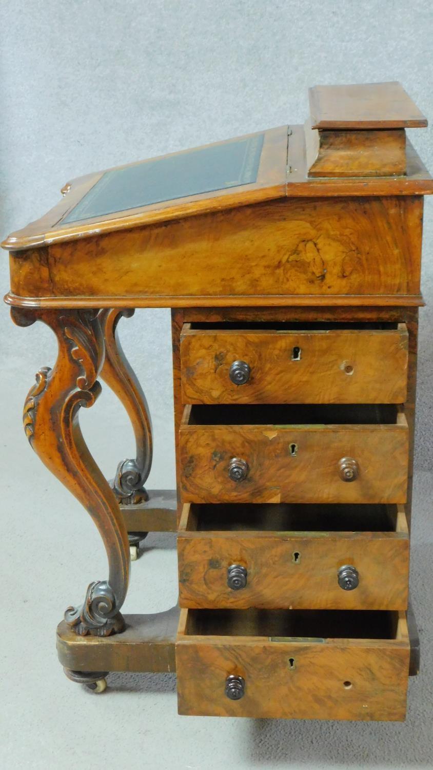 A Victorian burr walnut Davenport with fitted satinwood lined interior and four drawers opposing - Image 5 of 10