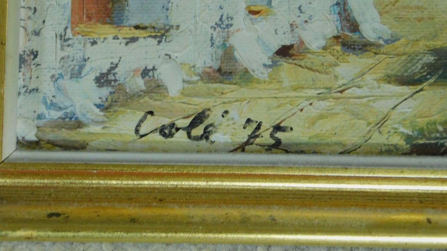 A pair of vintage Continental style framed oils on board, beach town, signed by Cole. 42x19cm - Image 4 of 4