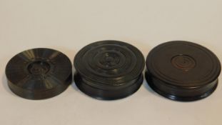 Three antique treen items. Including a carved hard wood plaque with relief profile of William