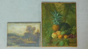 A 19th century unframed oil on canvas, figures in a landscape and a similar, still life, fruit.