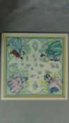 A framed and glazed acrylic on paper design for a silk scarf. With a quartered design of young