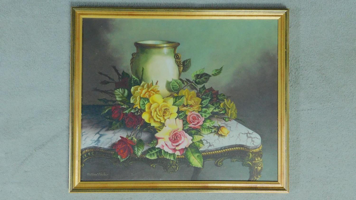 A framed oil on canvas, still life flowers on a console table, signed by Arthur Fidler. 57x66cm - Image 2 of 4