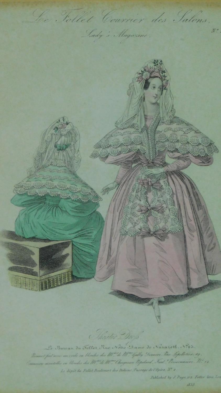 A collection of nine framed and glazed coloured lithographs, seven fashion designs, two depicting - Image 6 of 12