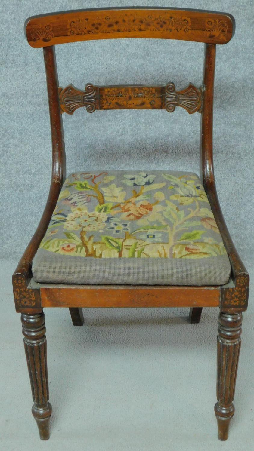 A set of six George IV faux rosewood and satinwood inlaid bar back dining chairs with drop in - Image 6 of 8