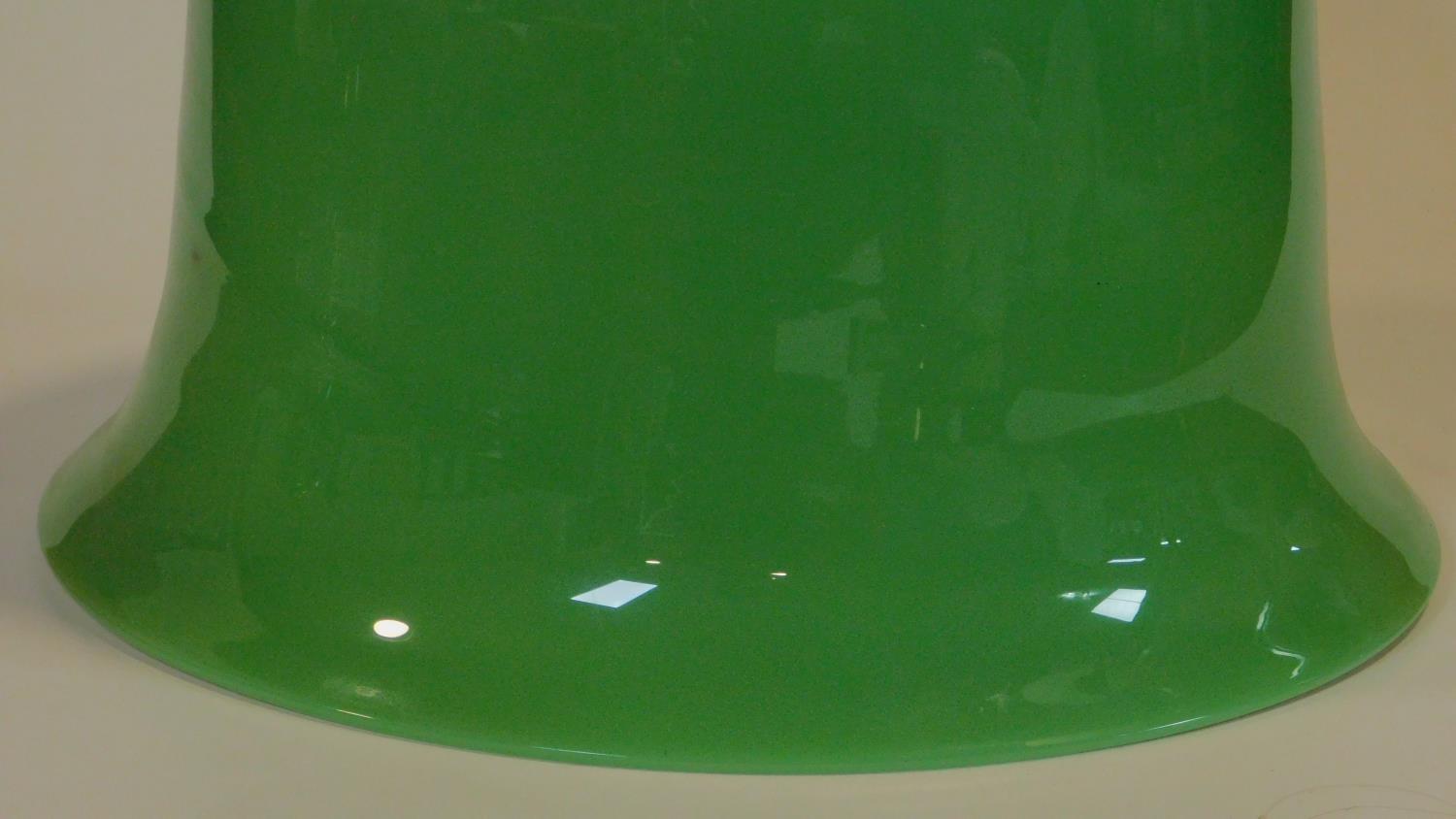 A vintage bell shaped opaque apple green blown glass ceiling pendant lampshade with white glass - Image 3 of 4