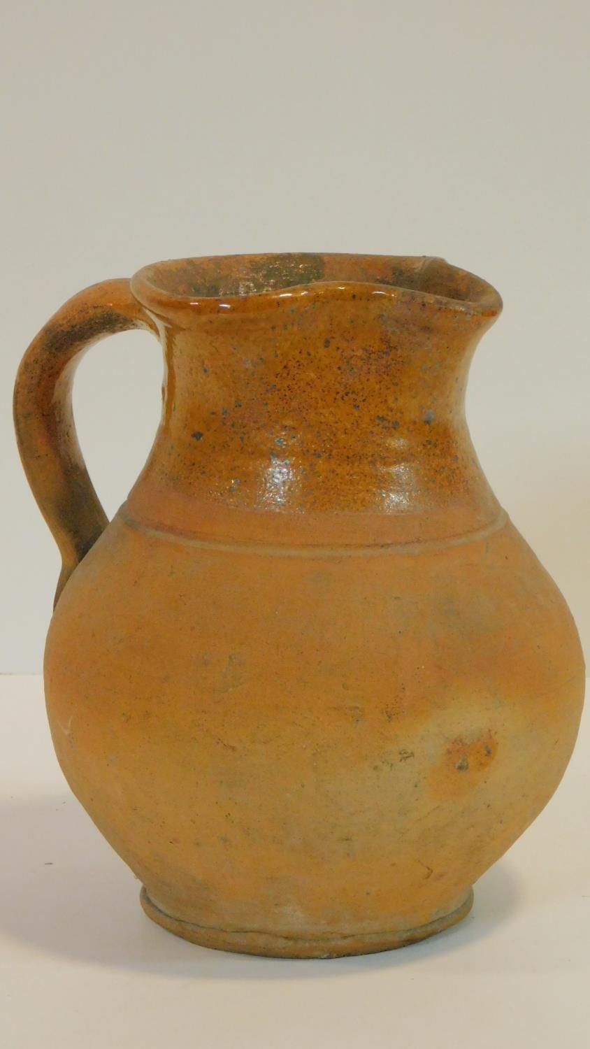 Three glazed studio pottery pieces. Including a glazed jug with pale green glaze and makers mark - Image 8 of 10