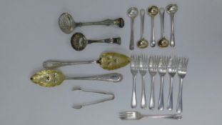 A pair of silver plated berry spoons and various other items of plated flatware. To include a pair