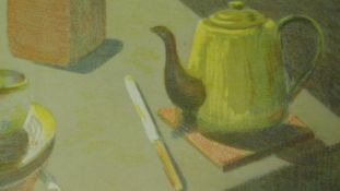 A framed and glazed watercolour "Supper" Edwin Plomer and a framed and glazed lithograph, teapot and