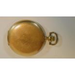 A gold plated pocket watch with engine turned design and shield shape cartouche, maker B. Reinin.