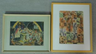 Two framed and glazed watercolours, congregating around the church font and an abstract composition,