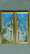 A pair of vintage Continental style framed oils on board, beach town, signed by Cole. 42x19cm