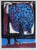 A framed and glazed artist's proof woodblock print by Elaine Nason, titled 'Spotted frock'. Signed