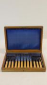 A set of silver plated, bone handled fish knives and forks in a fitted oak case. 25x34cm