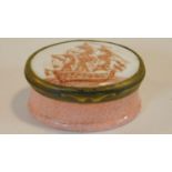 A Georgian enamel patch pot with pink speckled enamel base and hand painted sailing galleon design