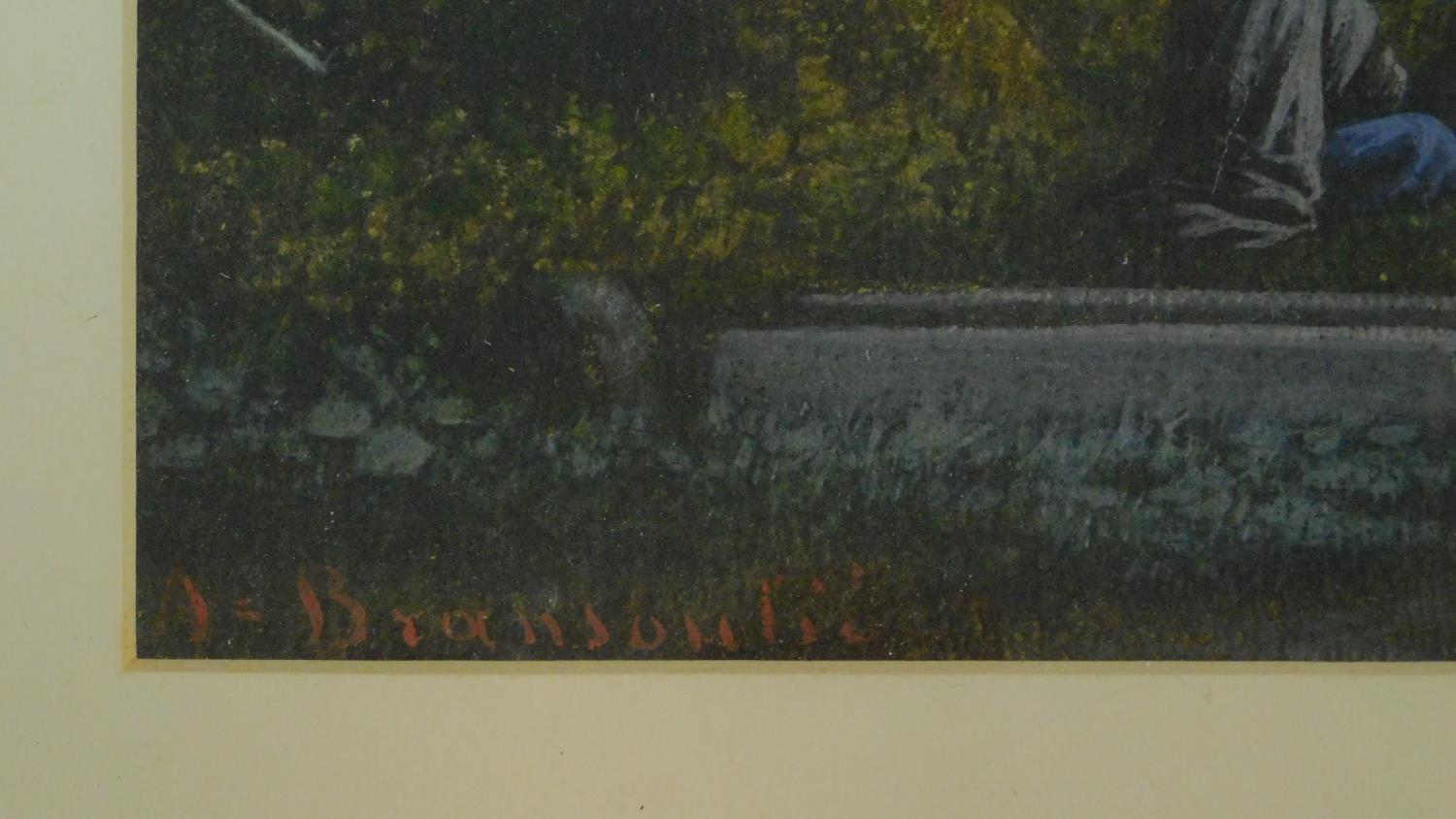 A framed and glazed pastel, figures in a glade, indistinctly signed. 63x49cm - Image 3 of 4