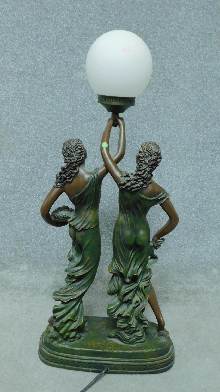 A large spelter figural table lamp, classical maidens holding a globe aloft. H.79cm - Image 2 of 2