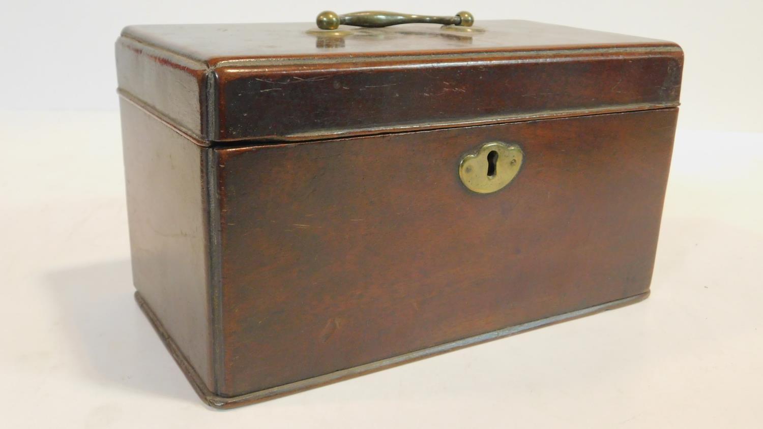 A Georgian mahogany three division tea caddy with brass carrying handle and a similar box. H.13 W.14 - Image 4 of 8