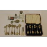 A cased set of English hallmarked teaspoons and a miscellaneous collection of silver and white metal