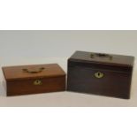 A Georgian mahogany three division tea caddy with brass carrying handle and a similar box. H.13 W.14