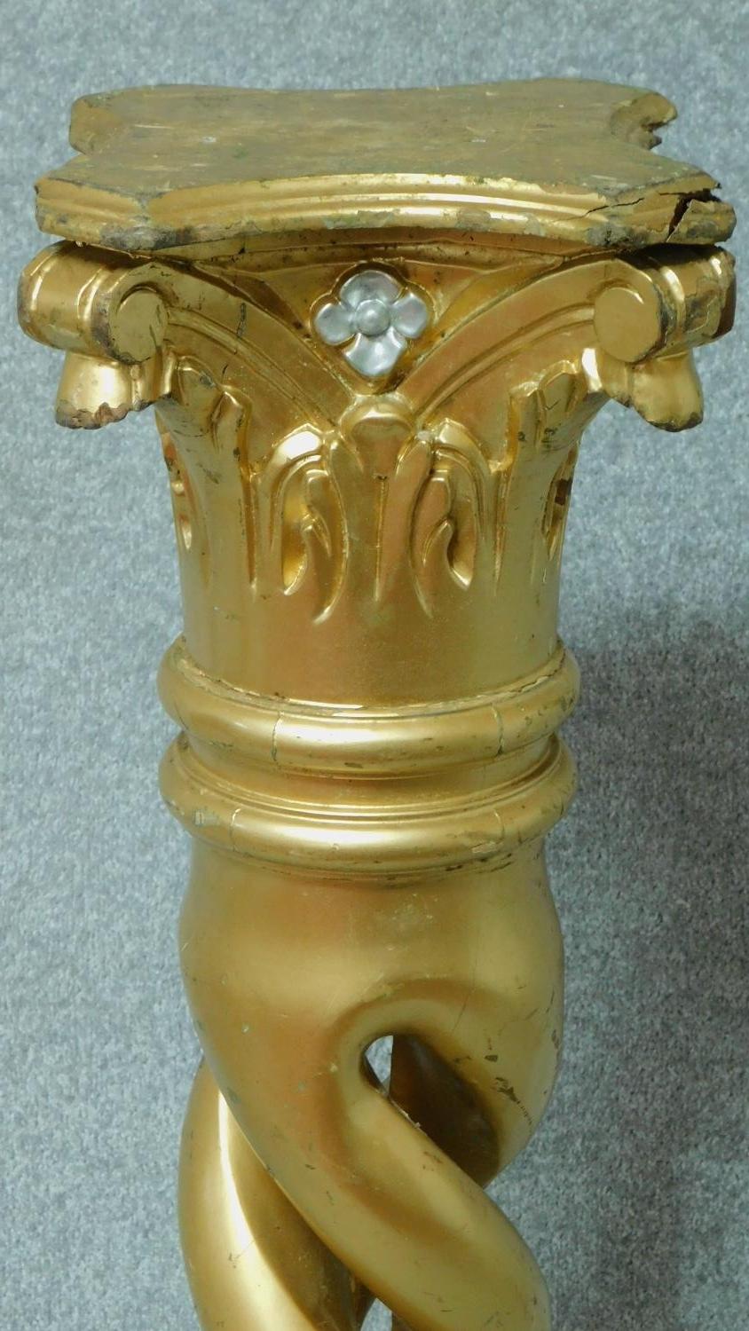 A pair of gilt barleytwist pedestal columns with Corinthian style capitals on platform bases. H.99cm - Image 6 of 6