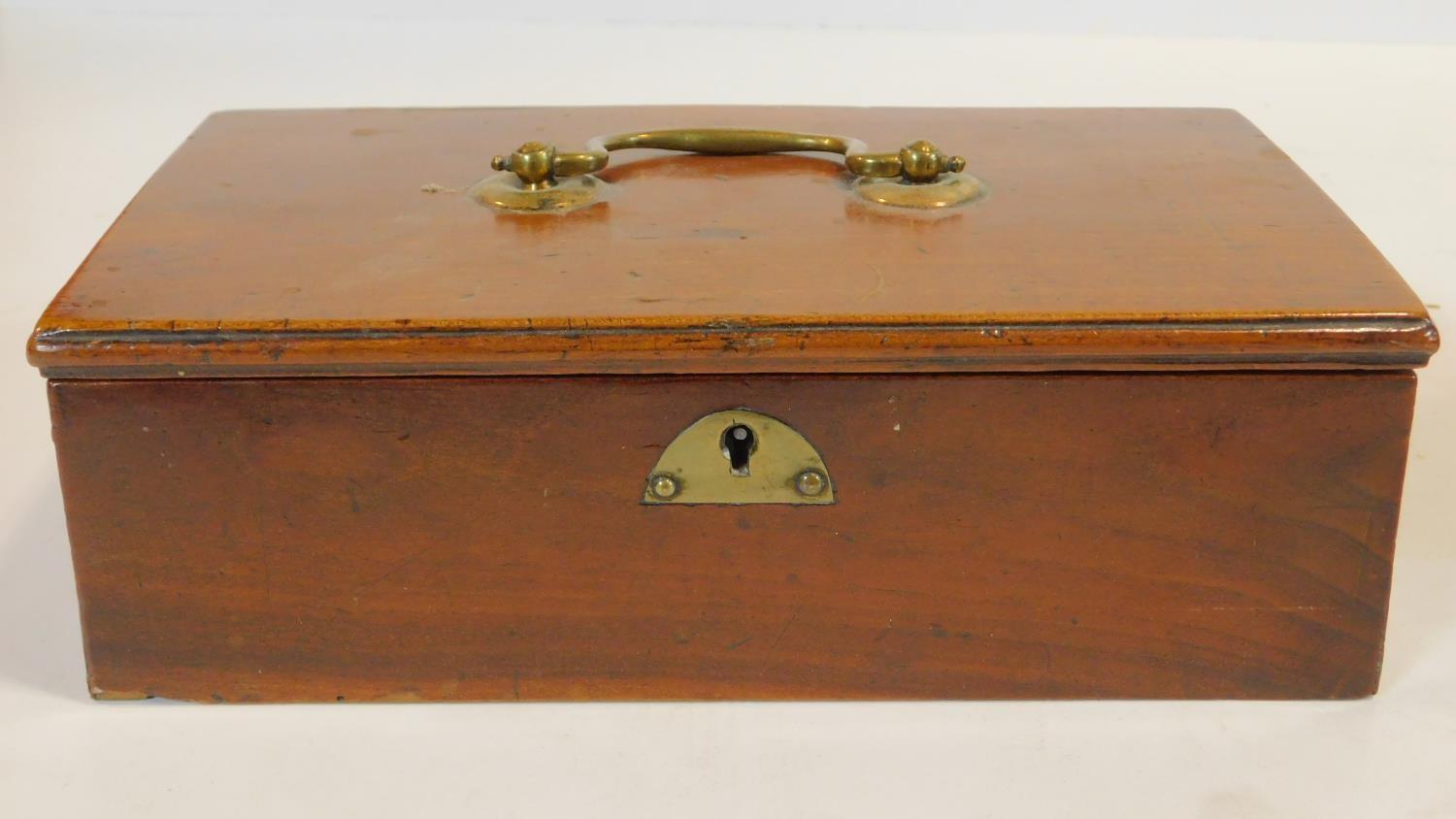 A Georgian mahogany three division tea caddy with brass carrying handle and a similar box. H.13 W.14 - Image 6 of 8