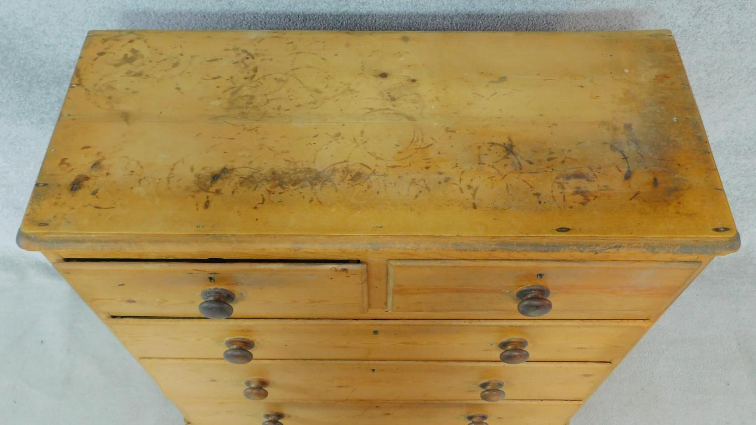 A Victorian pine chest of two short over three long graduated drawers on plinth base, fitted with - Image 4 of 5