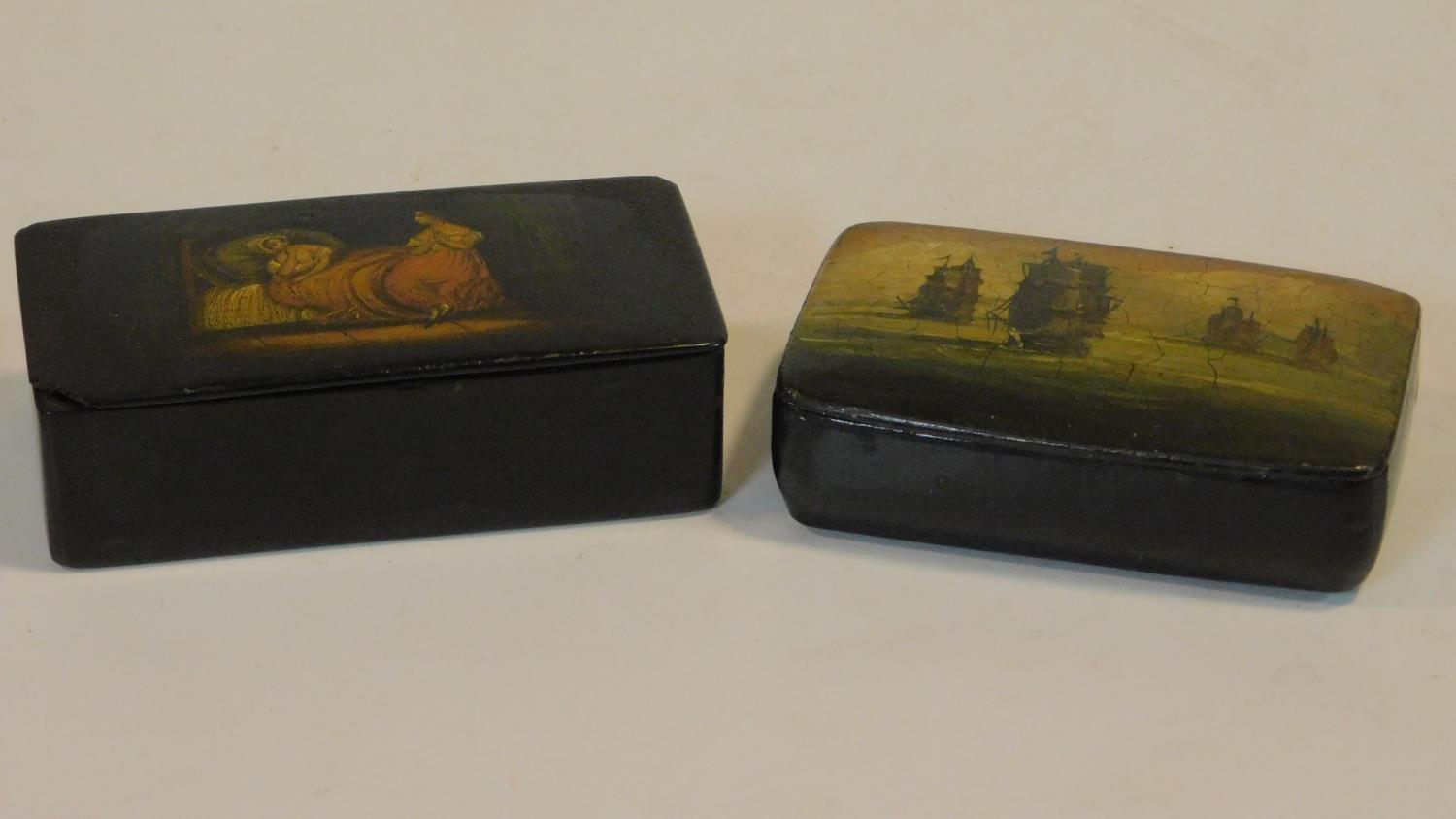 Two 19th century paper mache boxes with decorative hand painted lids, one contains 3 old soveriegn