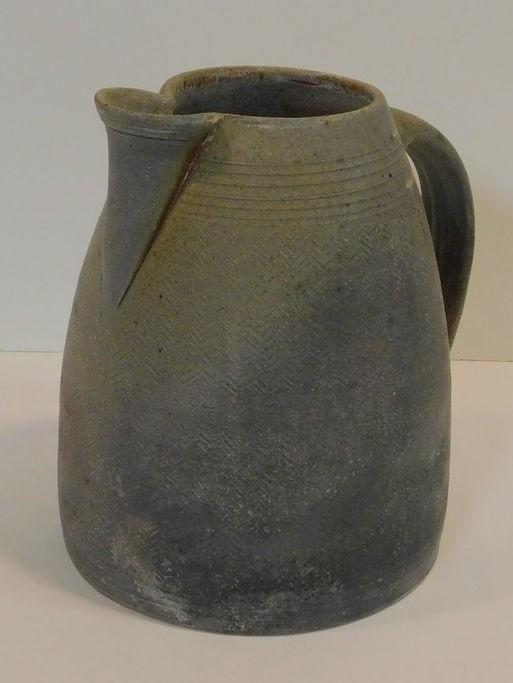 A large studio pottery jug by Chris Lewis, South Heighton Studio with a raised zigzag design. Makers - Image 2 of 3