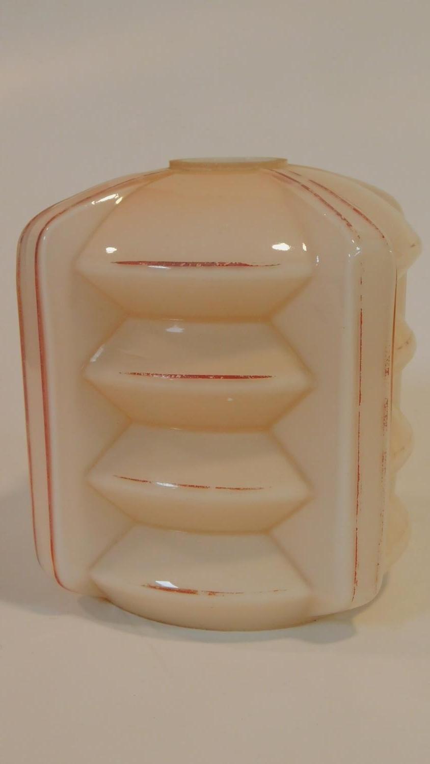 Two Art Deco geometric gilded lampshades. One peach glass with white interior and red linear - Image 5 of 7