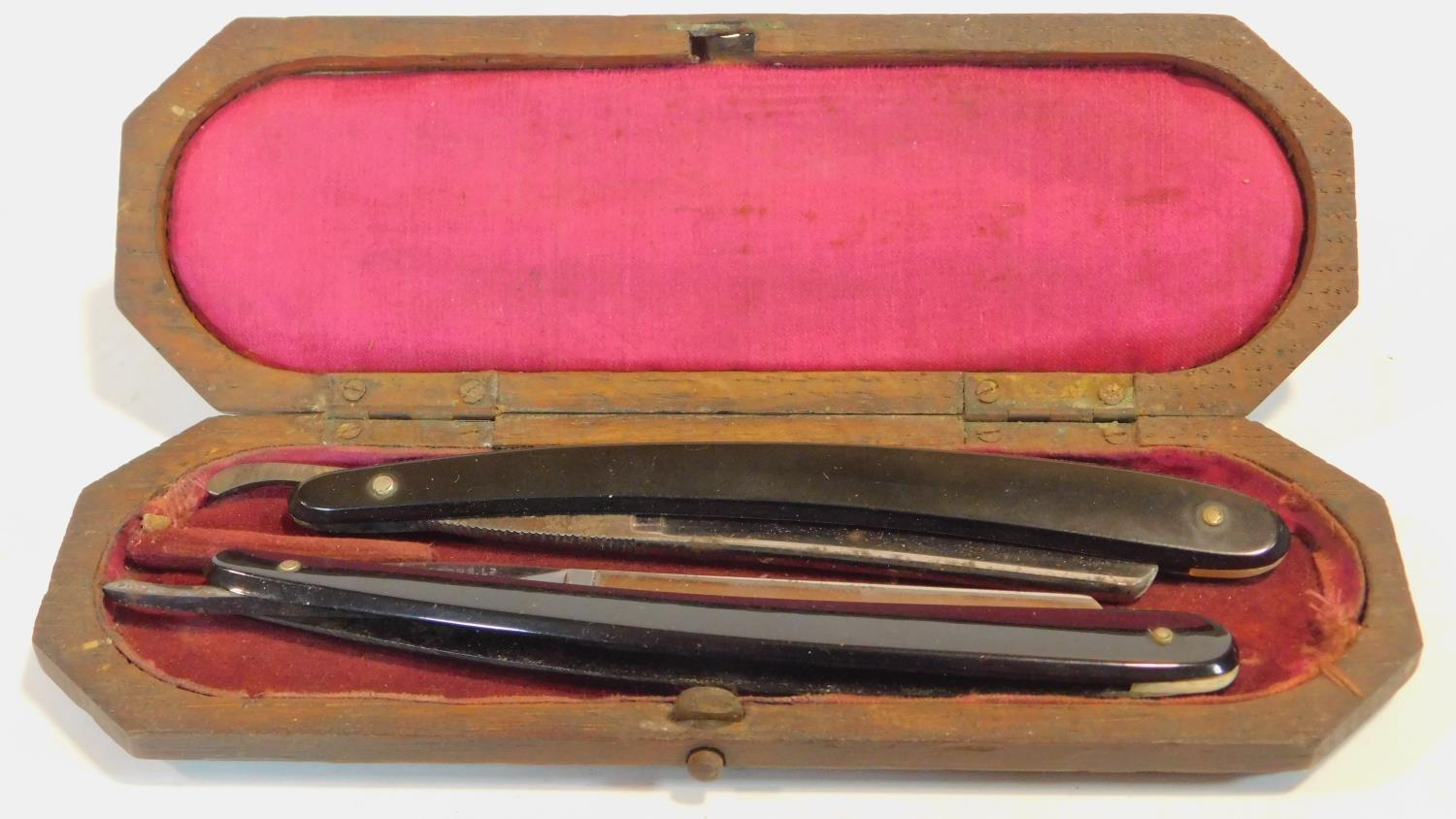 A 19th century box fitted with weighing scales, a box fitted with vintage cut throat razors and - Image 7 of 11